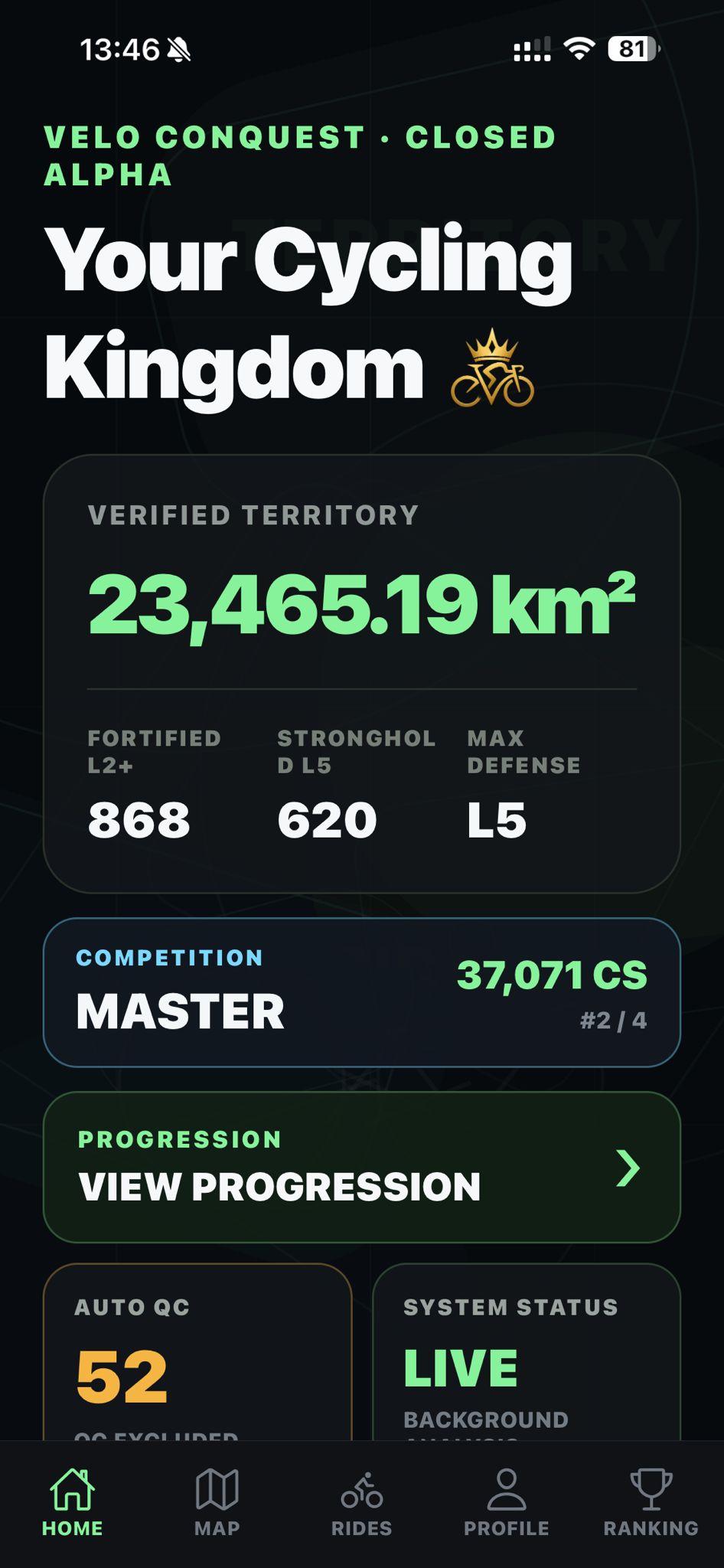 VeloConquest home screen showing verified territory, competition and progression