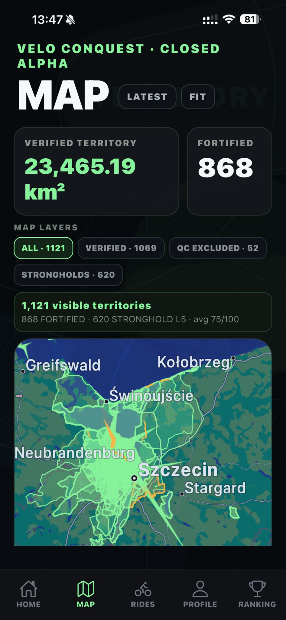 VeloConquest map on iPhone showing territory around Szczecin