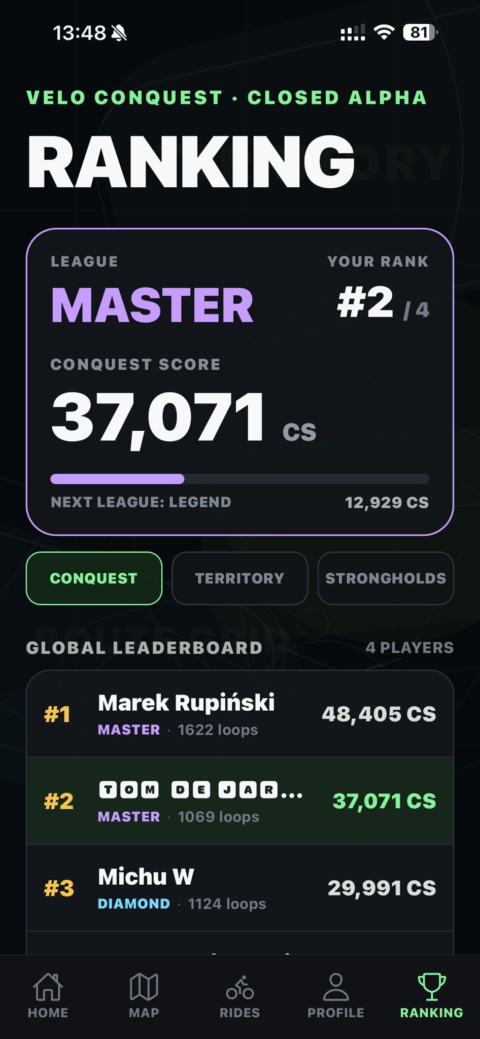 VeloConquest ranking screen